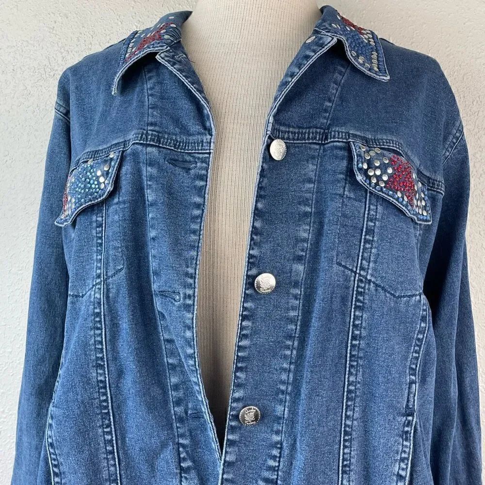 EUC Quacker Factory Womens Forth of July Gem Denim Jean Jacket Size L - Picture 2 of 6